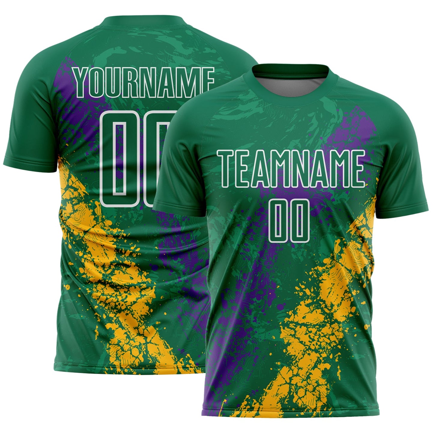 Custom Kelly Green White Purple-Gold Dripping Splatter Cracked Texture Sublimation Soccer Uniform Jersey - Main View