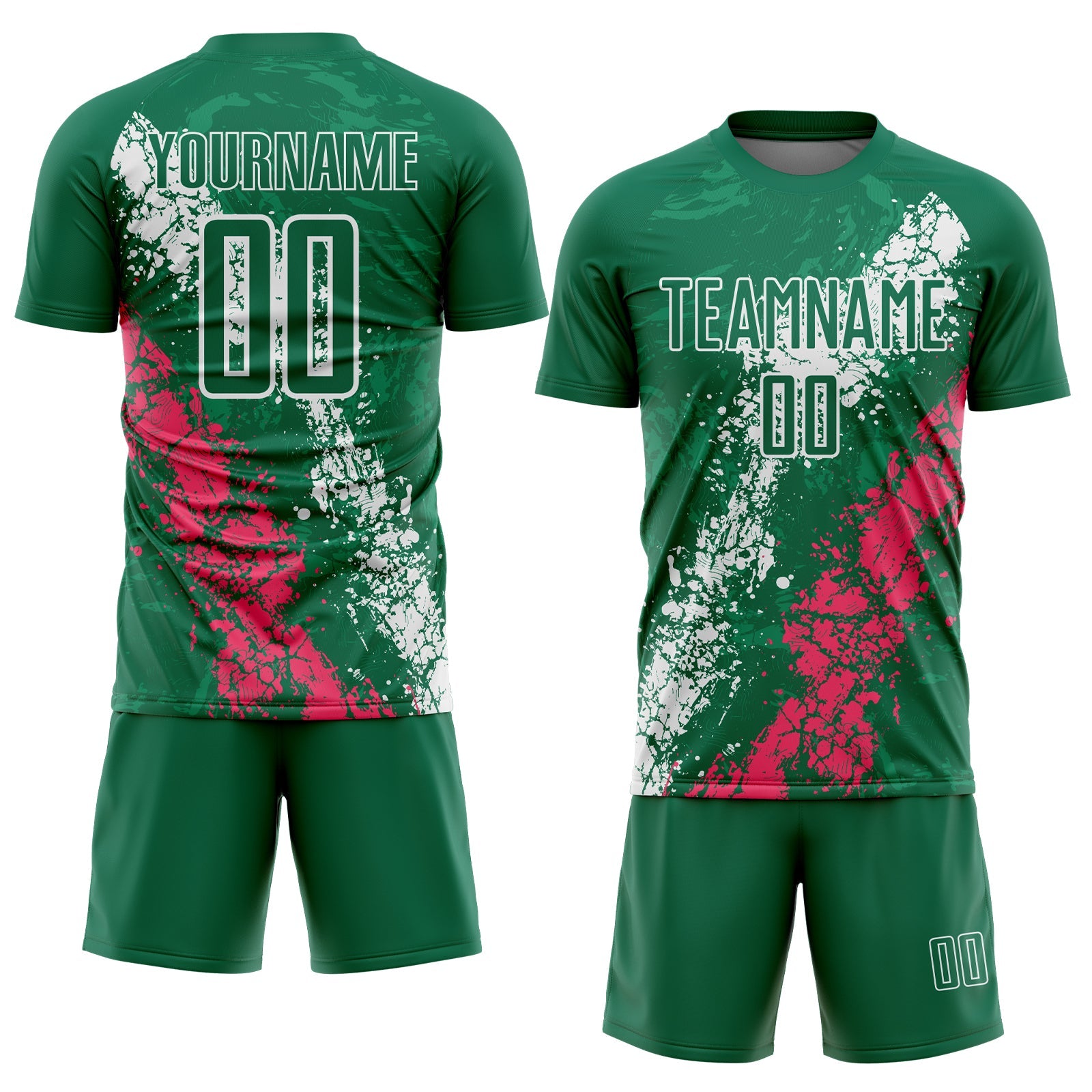 Custom Kelly Green White-Neon Pink Dripping Splatter Cracked Texture Sublimation Soccer Uniform Jersey view 2