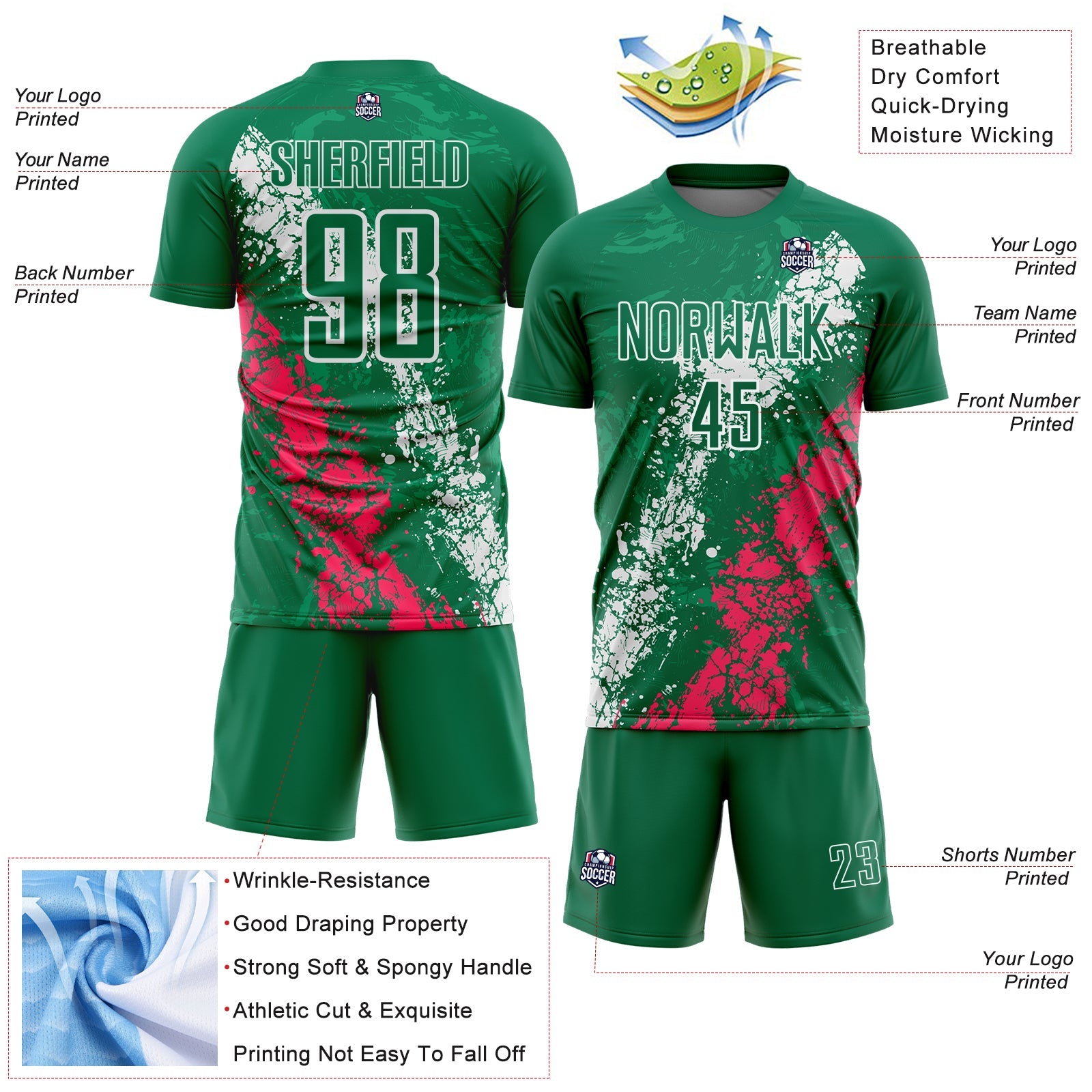 Custom Kelly Green White-Neon Pink Dripping Splatter Cracked Texture Sublimation Soccer Uniform Jersey view 4