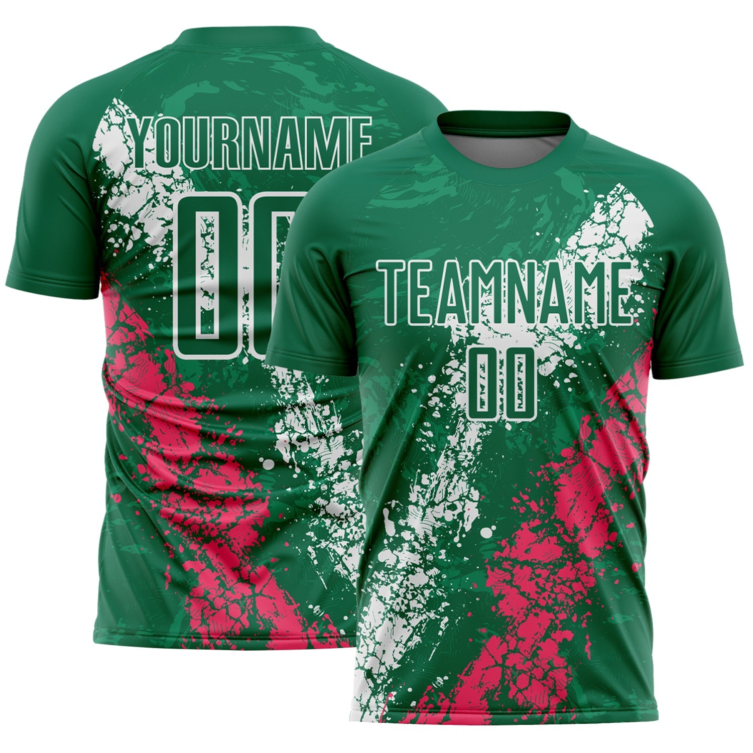 Custom Kelly Green White-Neon Pink Dripping Splatter Cracked Texture Sublimation Soccer Uniform Jersey - Main View