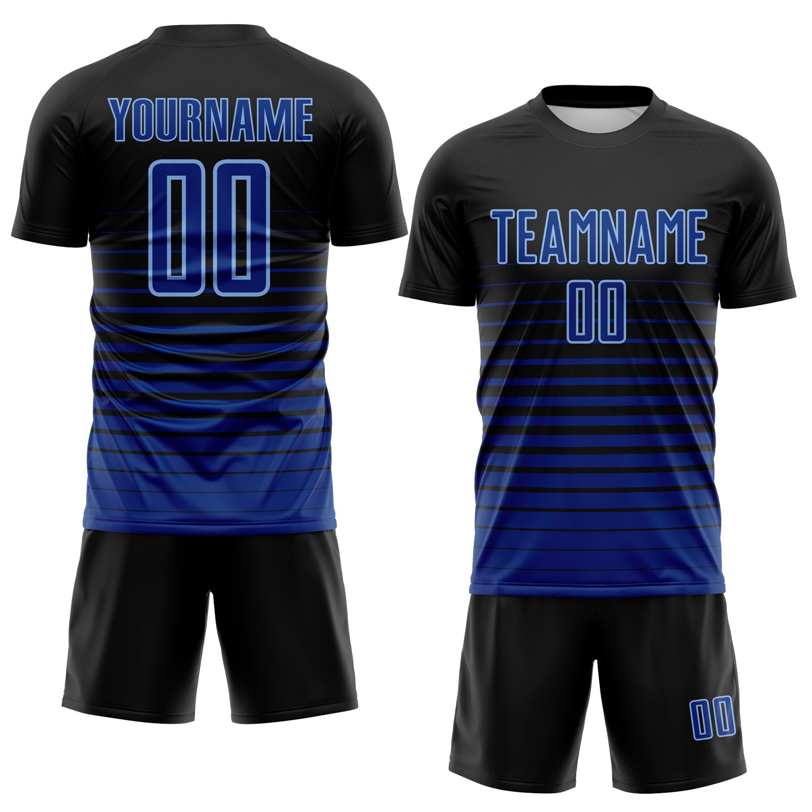 Custom Black Royal-Light Blue Gradient Pinstripe Sublimation Soccer Uniform Jersey view 2