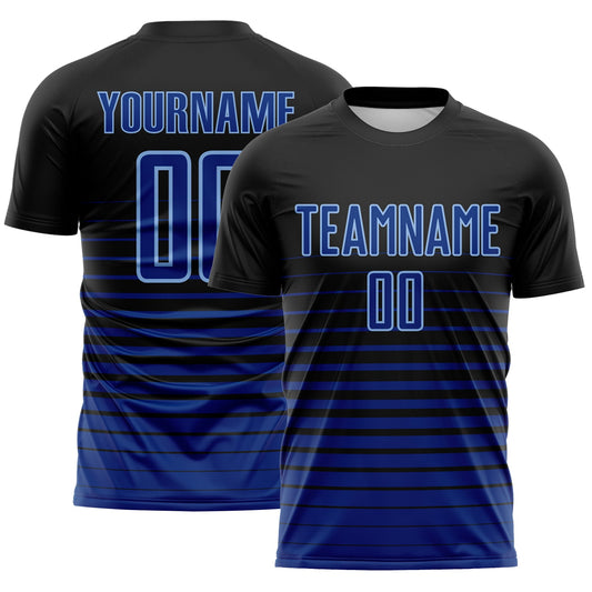 Custom Black Royal-Light Blue Gradient Pinstripe Sublimation Soccer Uniform Jersey - Main View
