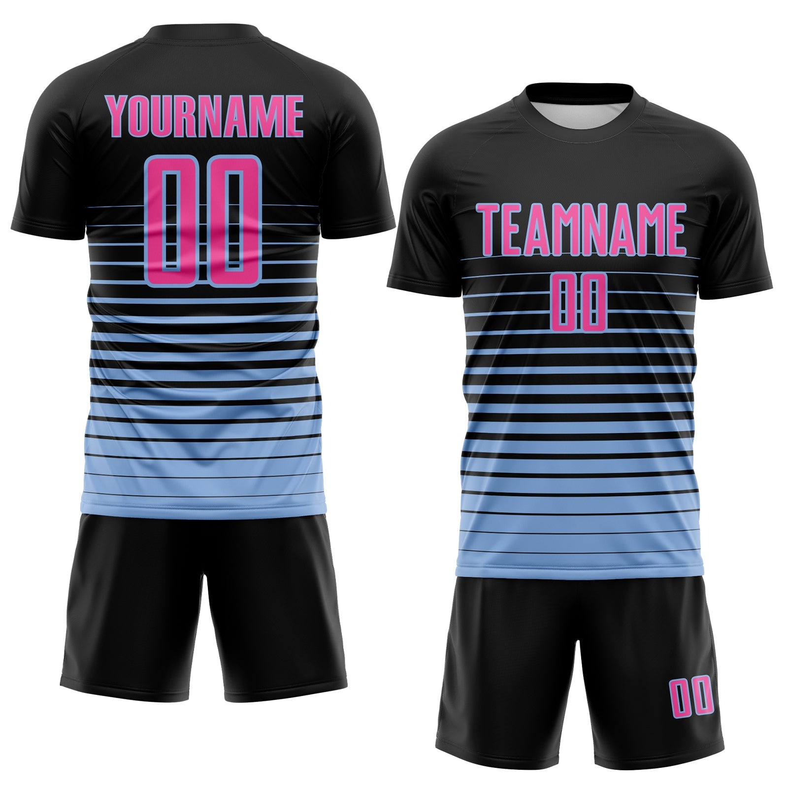 Custom Black Pink-Light Blue Gradient Pinstripe Sublimation Soccer Uniform Jersey view 2