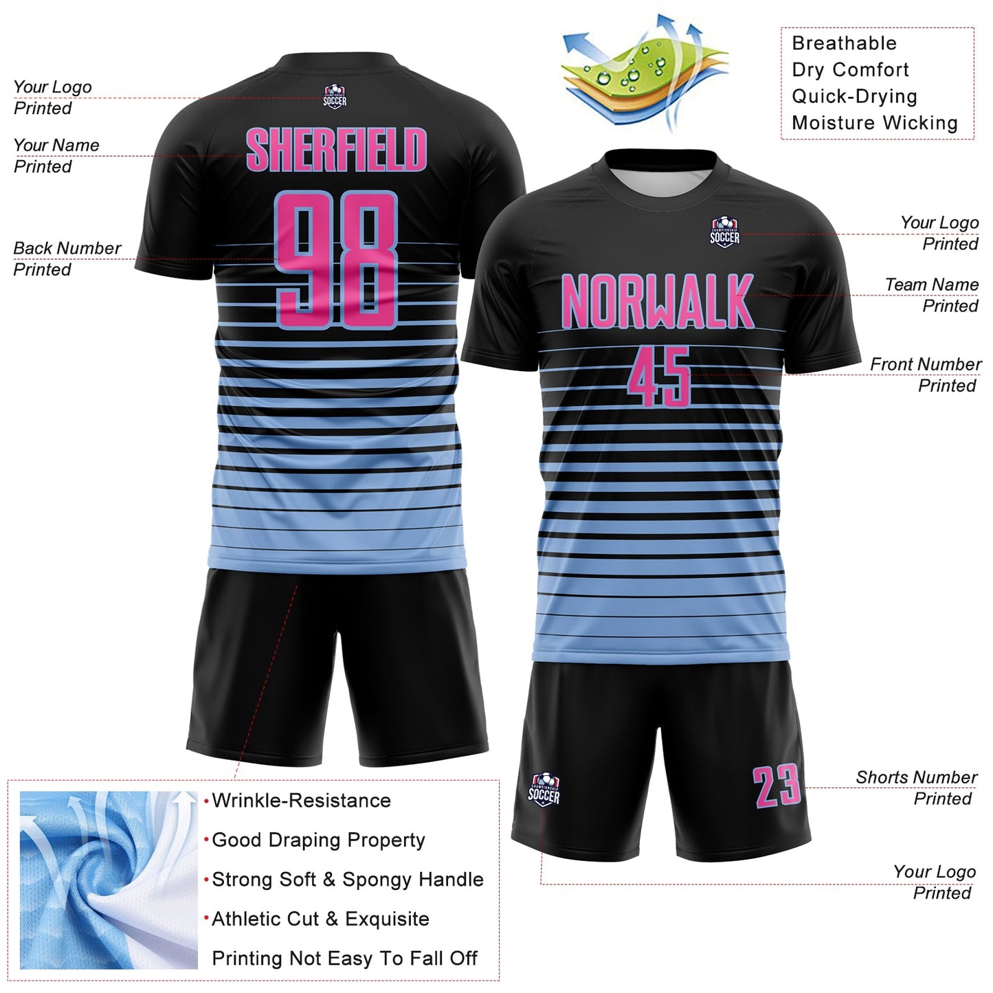 Custom Black Pink-Light Blue Gradient Pinstripe Sublimation Soccer Uniform Jersey view 4