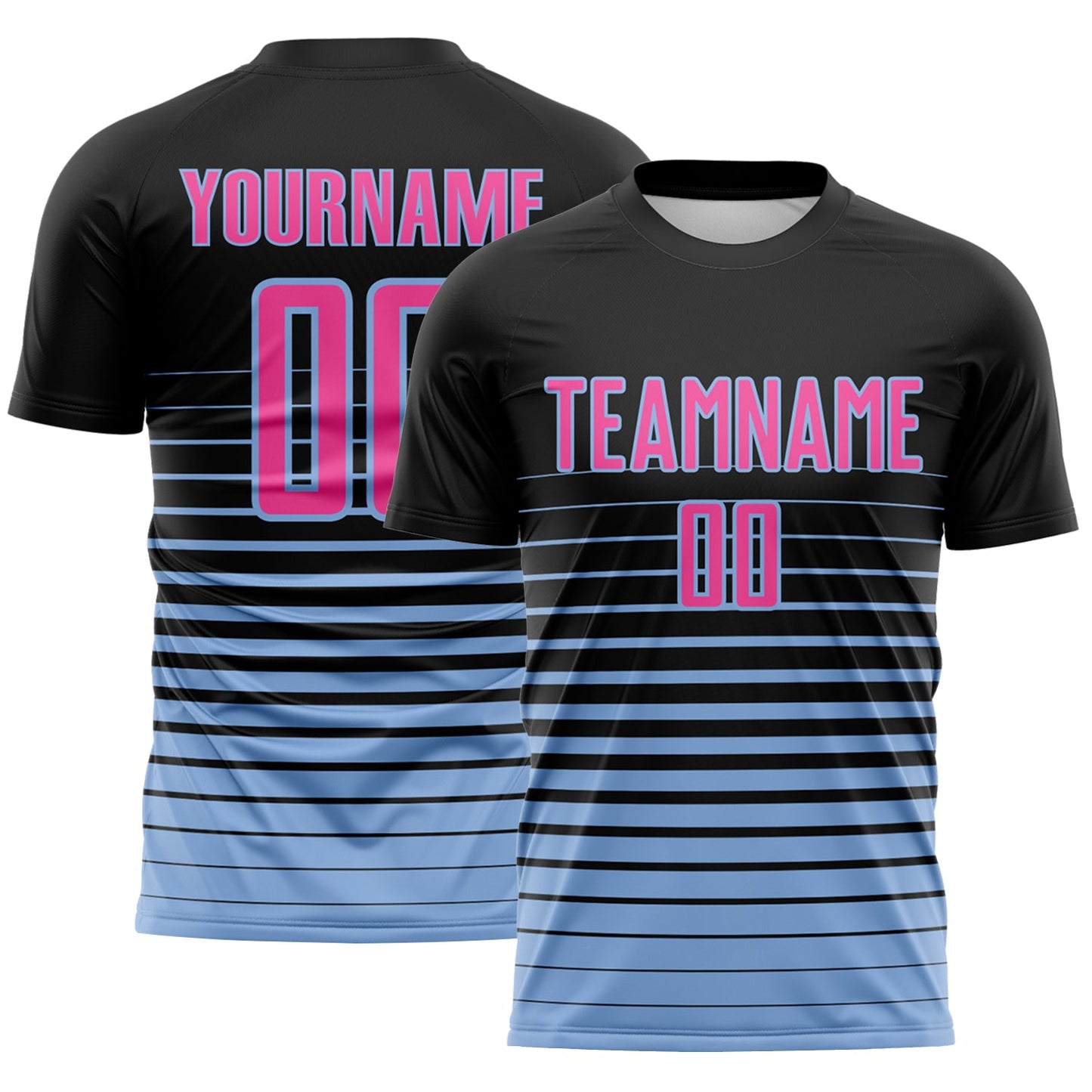 Custom Black Pink-Light Blue Gradient Pinstripe Sublimation Soccer Uniform Jersey - Main View