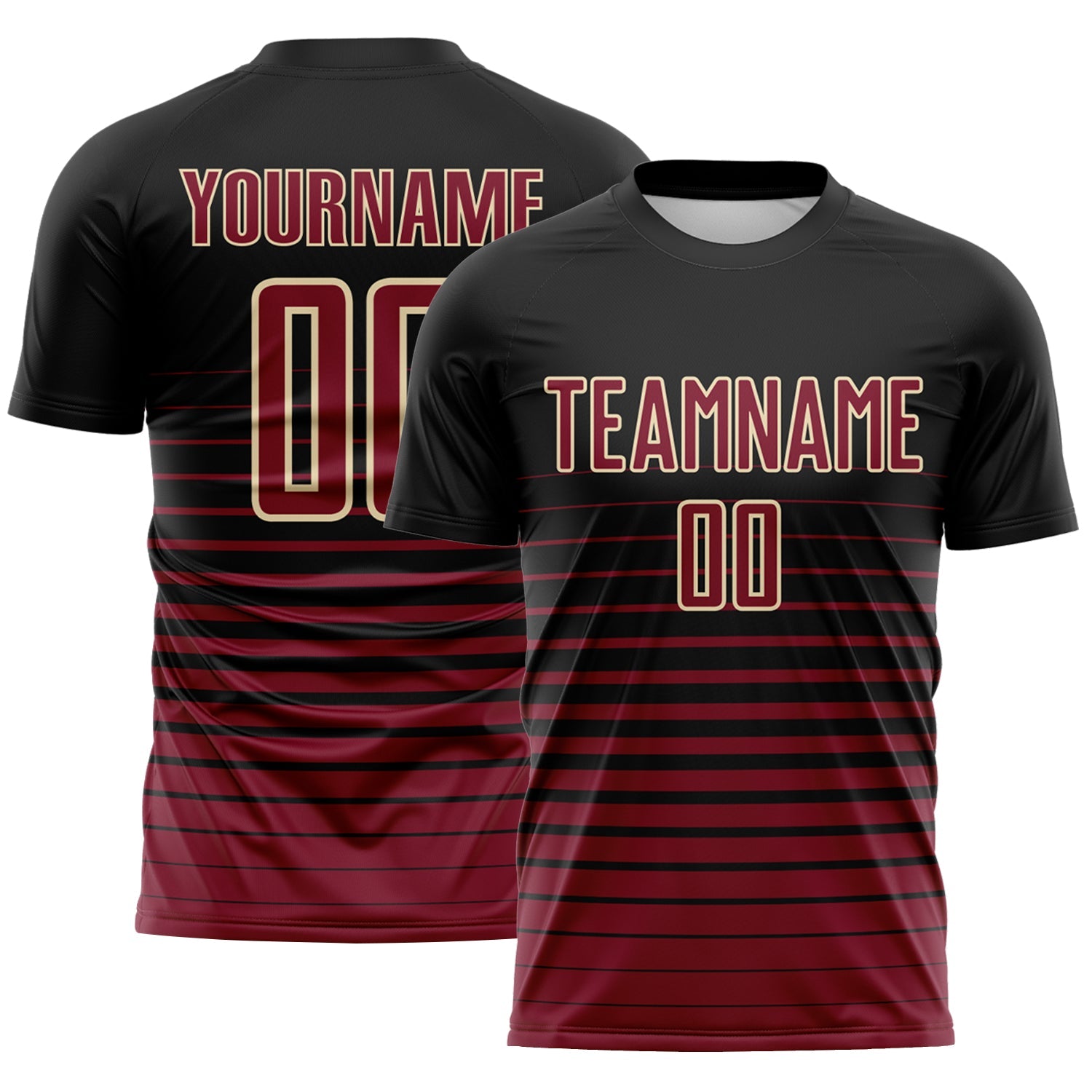 Custom Black Crimson-Cream Gradient Pinstripe Sublimation Soccer Uniform Jersey - Main View