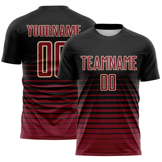 Custom Black Crimson-Cream Gradient Pinstripe Sublimation Soccer Uniform Jersey - Main View
