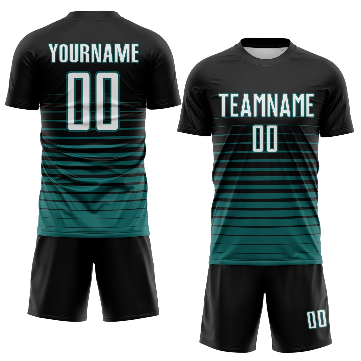 Custom Black White-Teal Gradient Pinstripe Sublimation Soccer Uniform Jersey view 2
