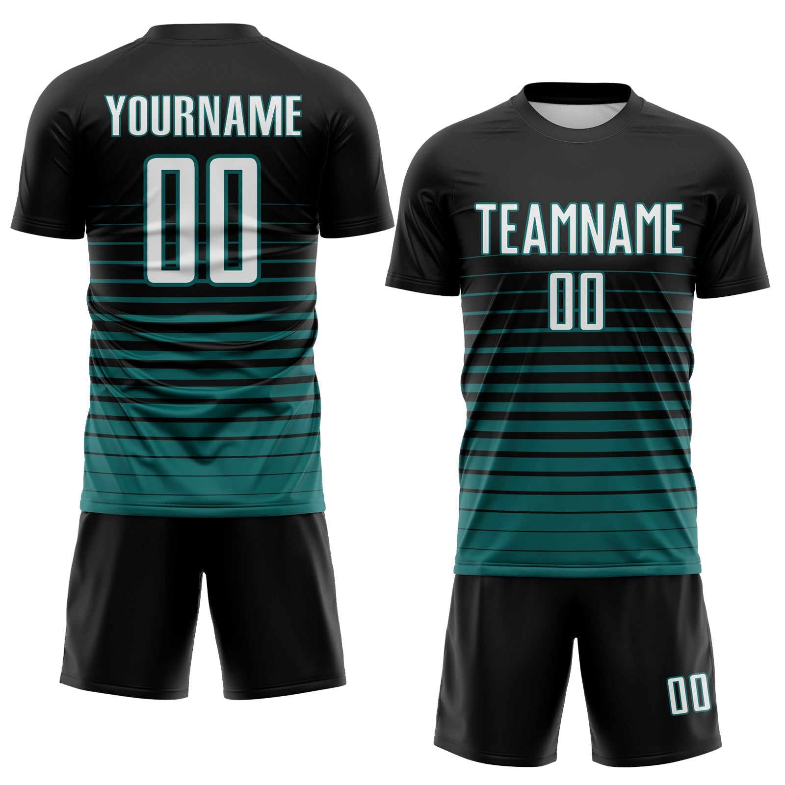 Custom Black White-Teal Gradient Pinstripe Sublimation Soccer Uniform Jersey view 2