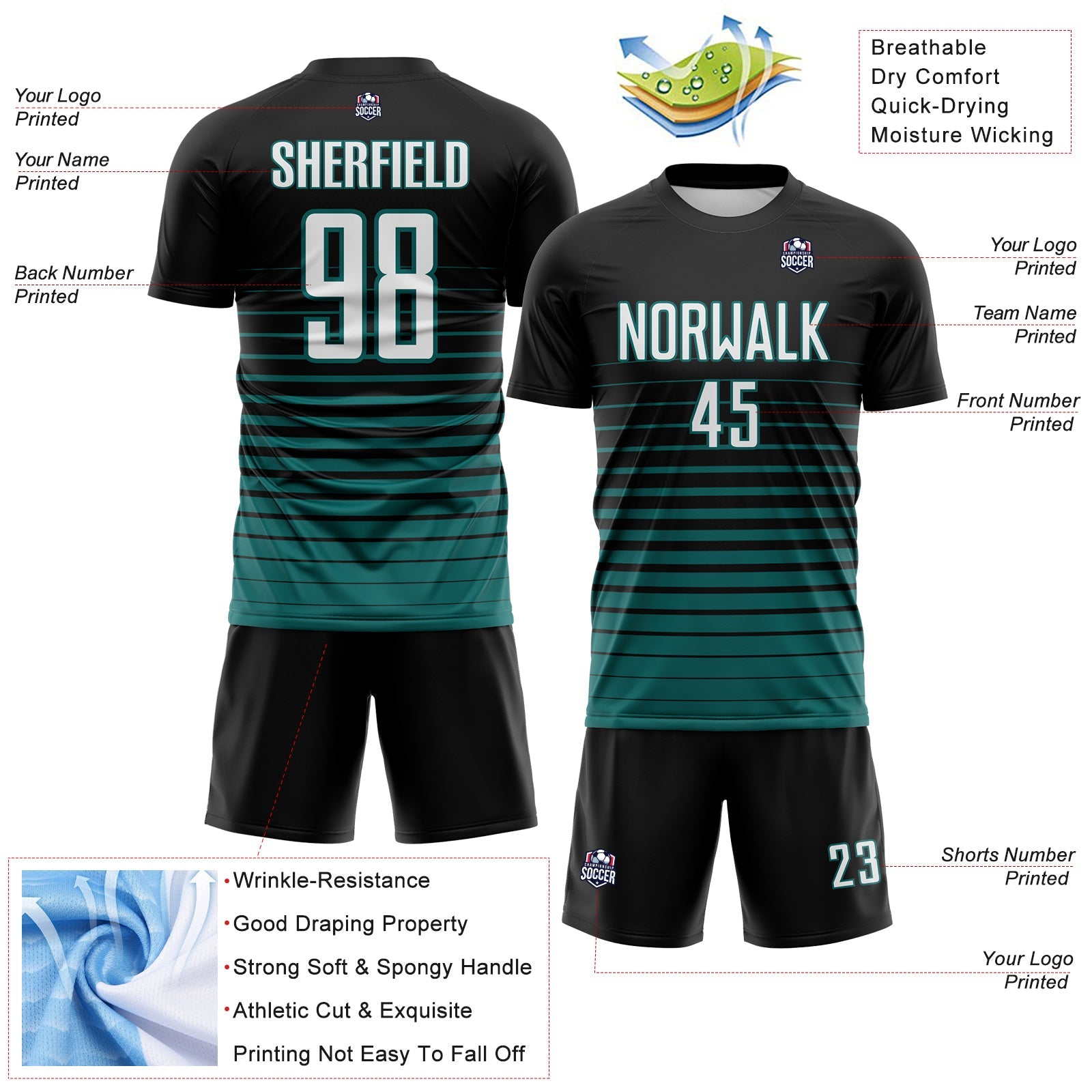Custom Black White-Teal Gradient Pinstripe Sublimation Soccer Uniform Jersey view 4