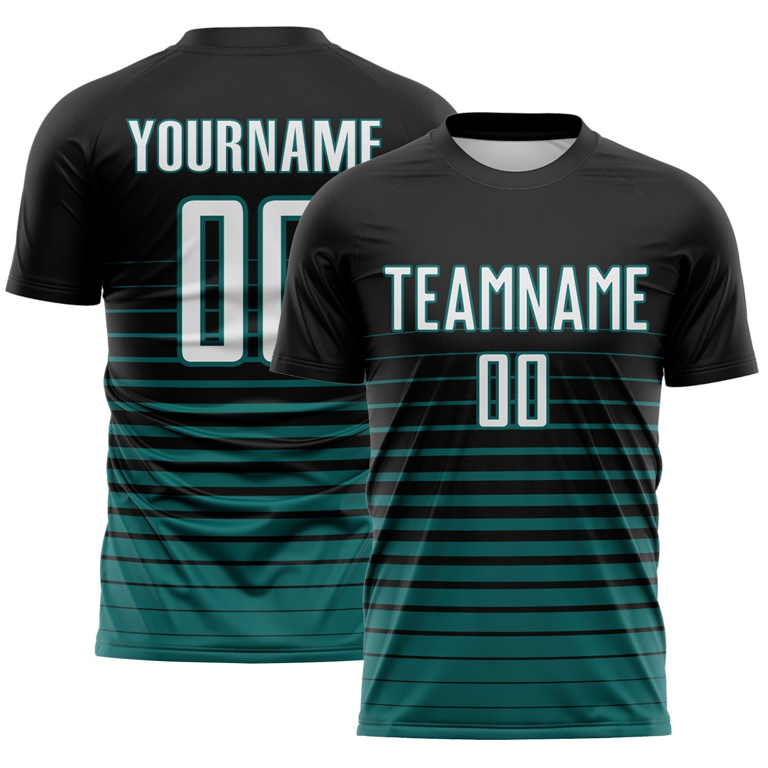 Custom Black White-Teal Gradient Pinstripe Sublimation Soccer Uniform Jersey - Main View