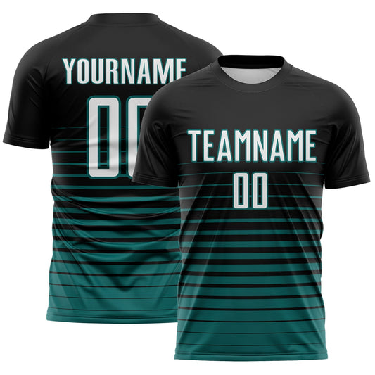 Custom Black White-Teal Gradient Pinstripe Sublimation Soccer Uniform Jersey - Main View