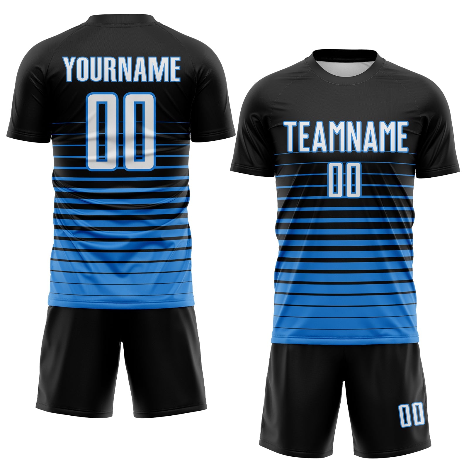 Custom Black White-Powder Blue Gradient Pinstripe Sublimation Soccer Uniform Jersey view 2