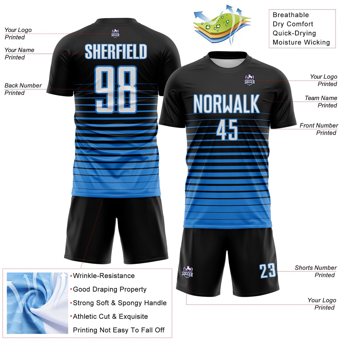 Custom Black White-Powder Blue Gradient Pinstripe Sublimation Soccer Uniform Jersey view 4