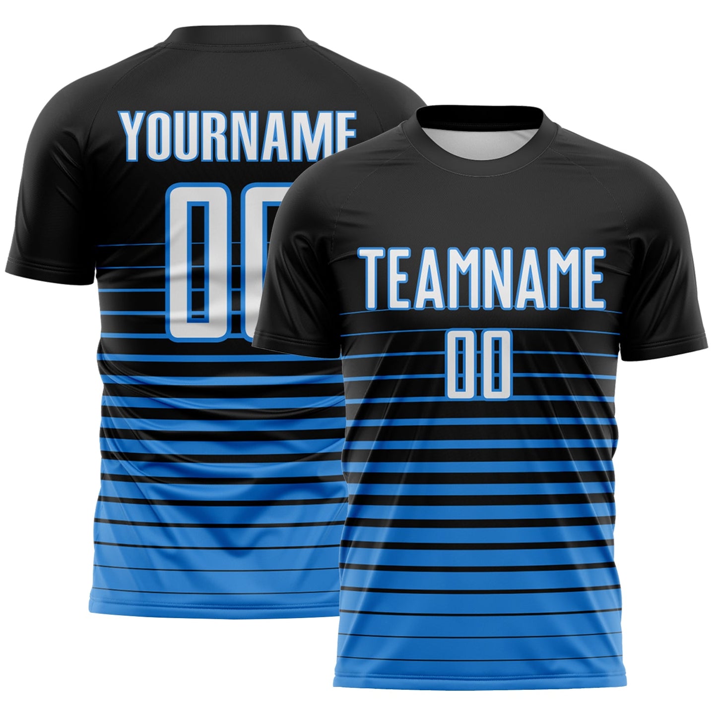 Custom Black White-Powder Blue Gradient Pinstripe Sublimation Soccer Uniform Jersey - Main View