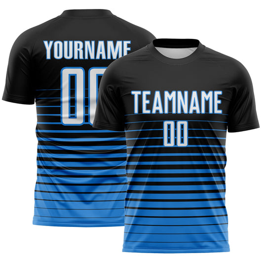 Custom Black White-Powder Blue Gradient Pinstripe Sublimation Soccer Uniform Jersey - Main View