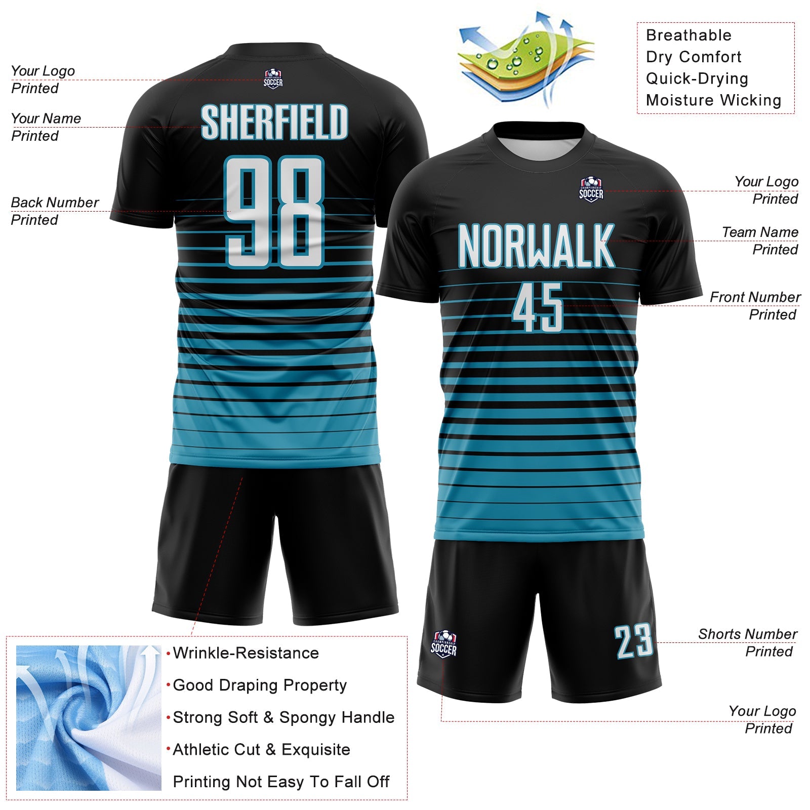 Custom Black White-Panther Blue Gradient Pinstripe Sublimation Soccer Uniform Jersey view 4