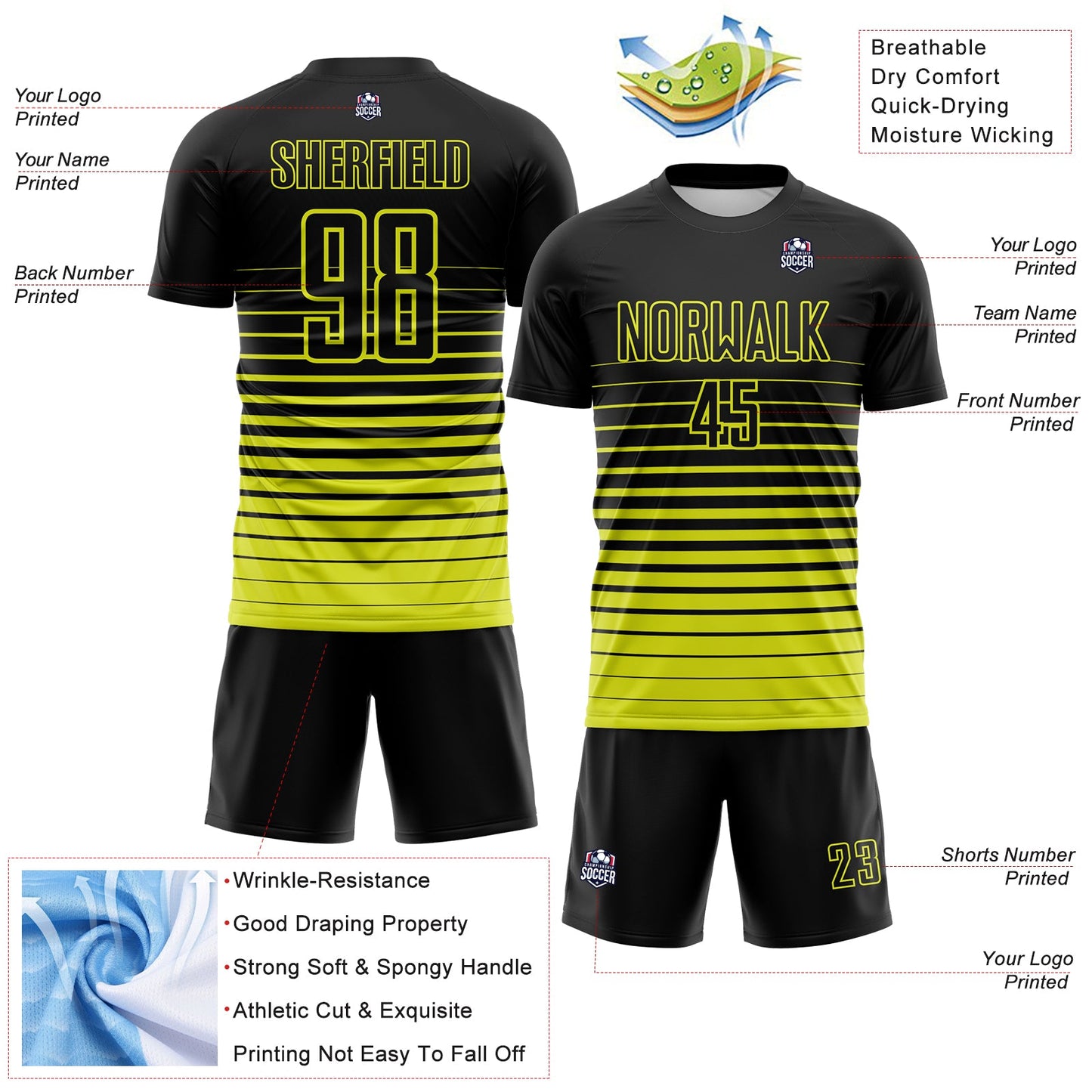 Custom Black Neon Yellow Gradient Pinstripe Sublimation Soccer Uniform Jersey view 4