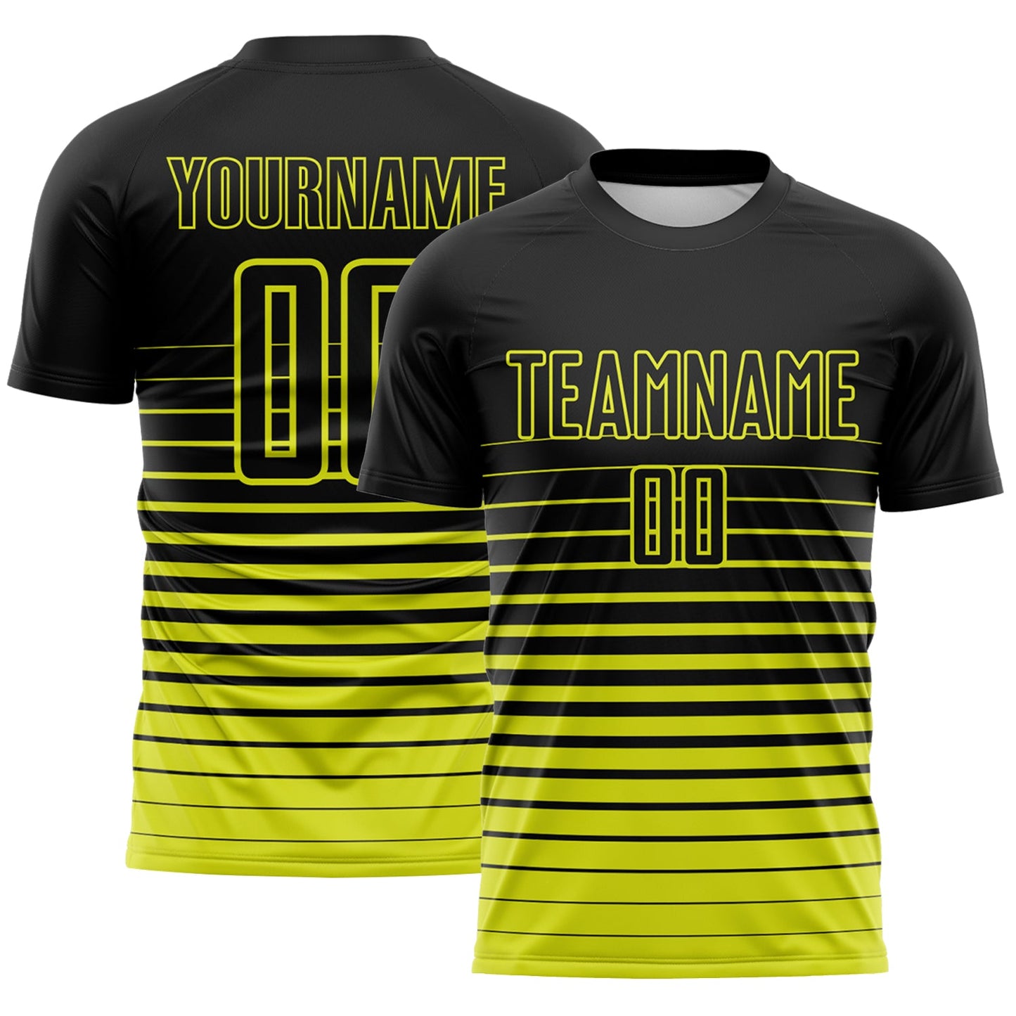 Custom Black Neon Yellow Gradient Pinstripe Sublimation Soccer Uniform Jersey - Main View
