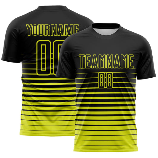 Custom Black Neon Yellow Gradient Pinstripe Sublimation Soccer Uniform Jersey - Main View