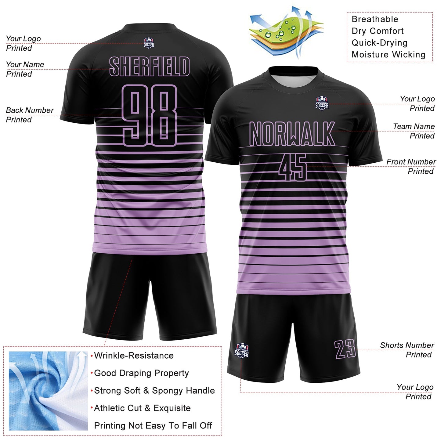 Custom Black Light Purple Gradient Pinstripe Sublimation Soccer Uniform Jersey view 4