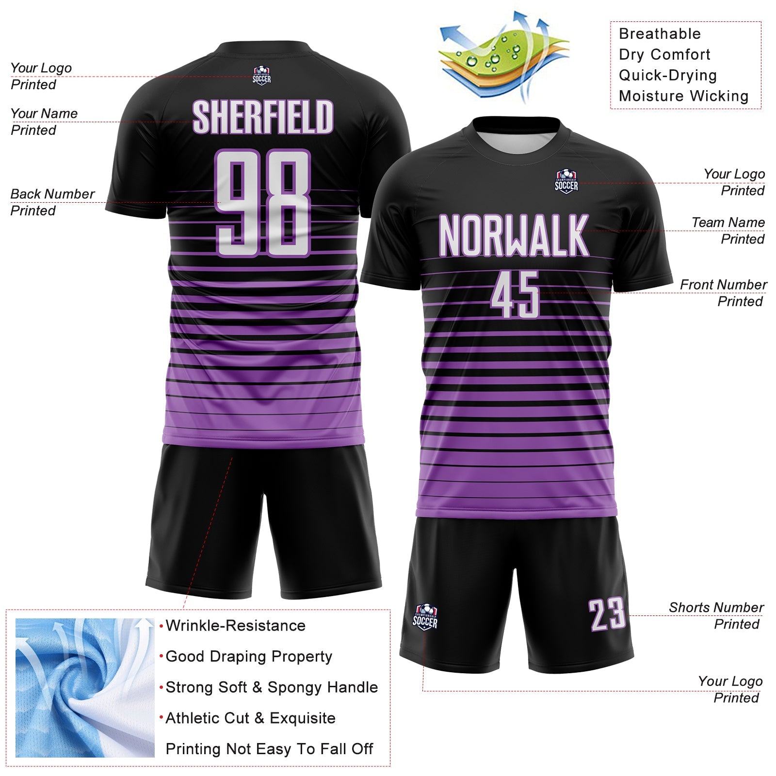 Custom Black White-Medium Purple Gradient Pinstripe Sublimation Soccer Uniform Jersey view 4