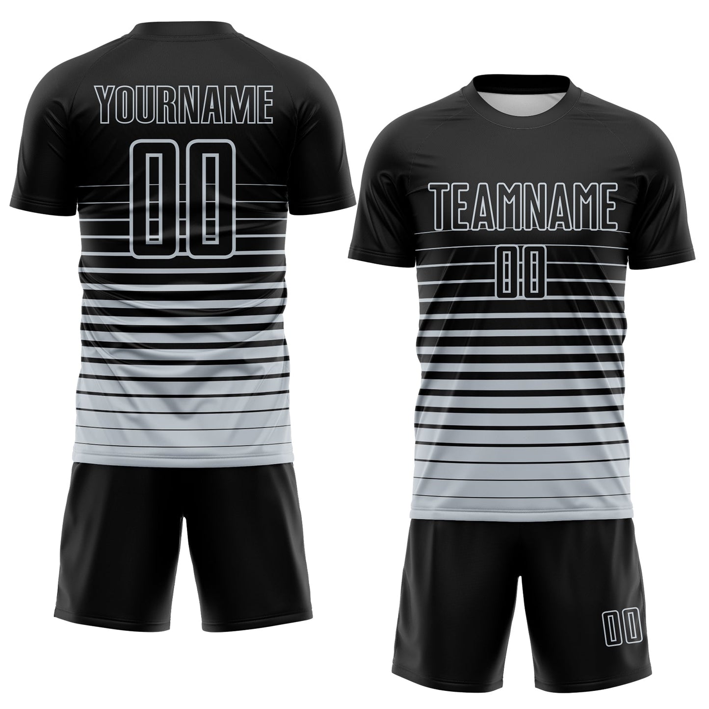 Custom Black Silver Gradient Pinstripe Sublimation Soccer Uniform Jersey view 2