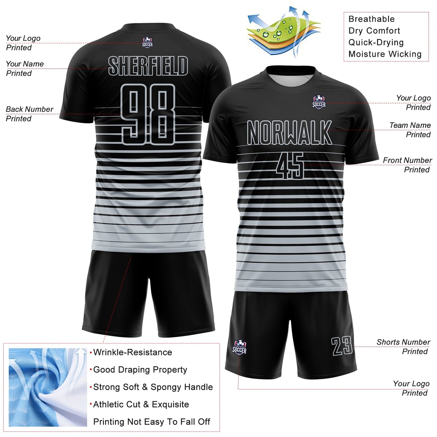 Custom Black Silver Gradient Pinstripe Sublimation Soccer Uniform Jersey view 4