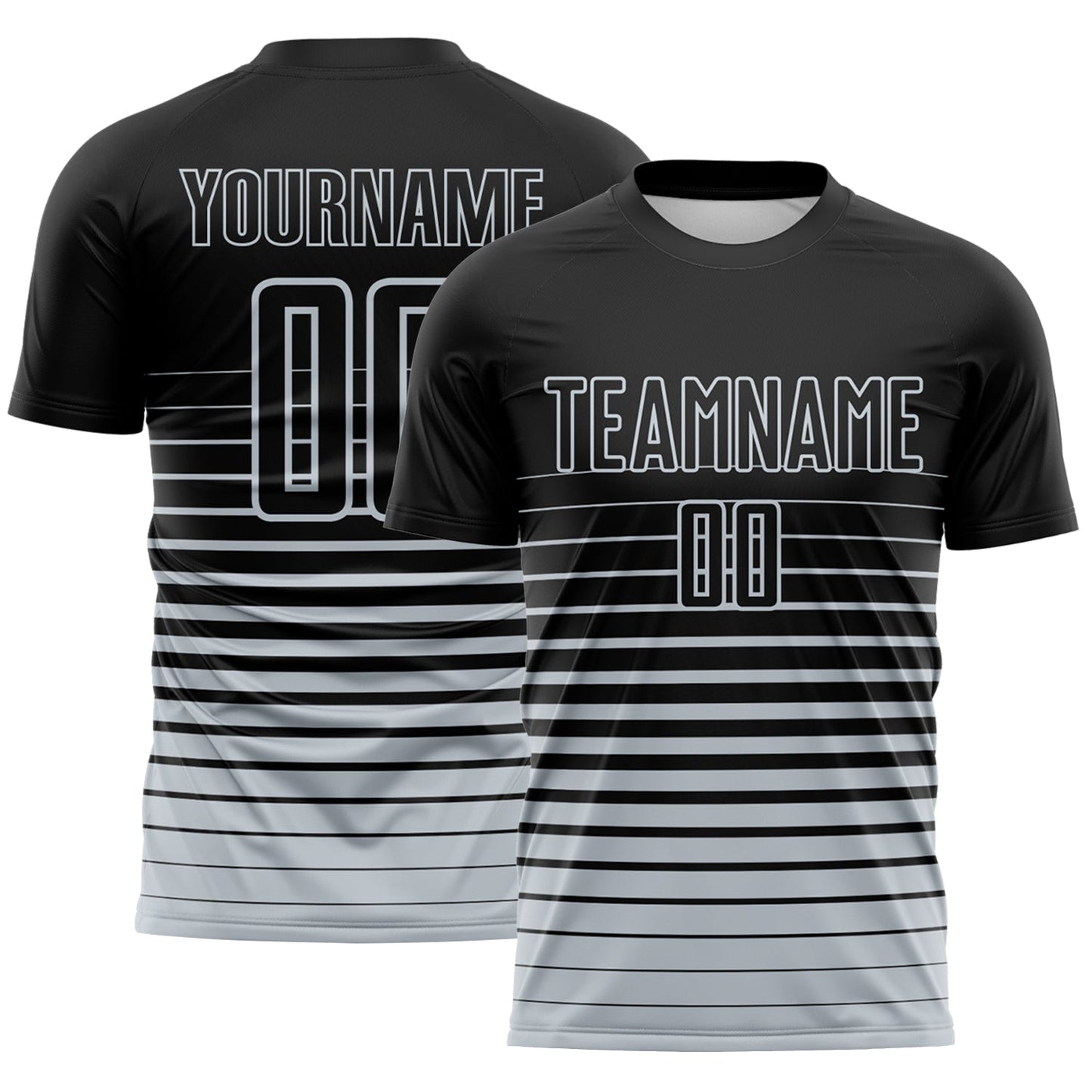 Custom Black Silver Gradient Pinstripe Sublimation Soccer Uniform Jersey - Main View