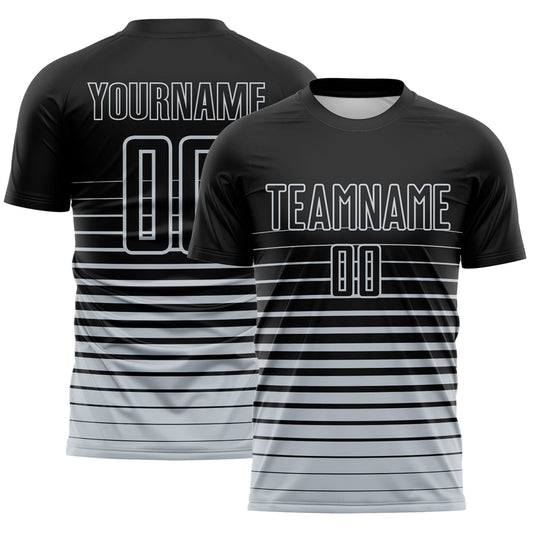 Custom Black Silver Gradient Pinstripe Sublimation Soccer Uniform Jersey - Main View