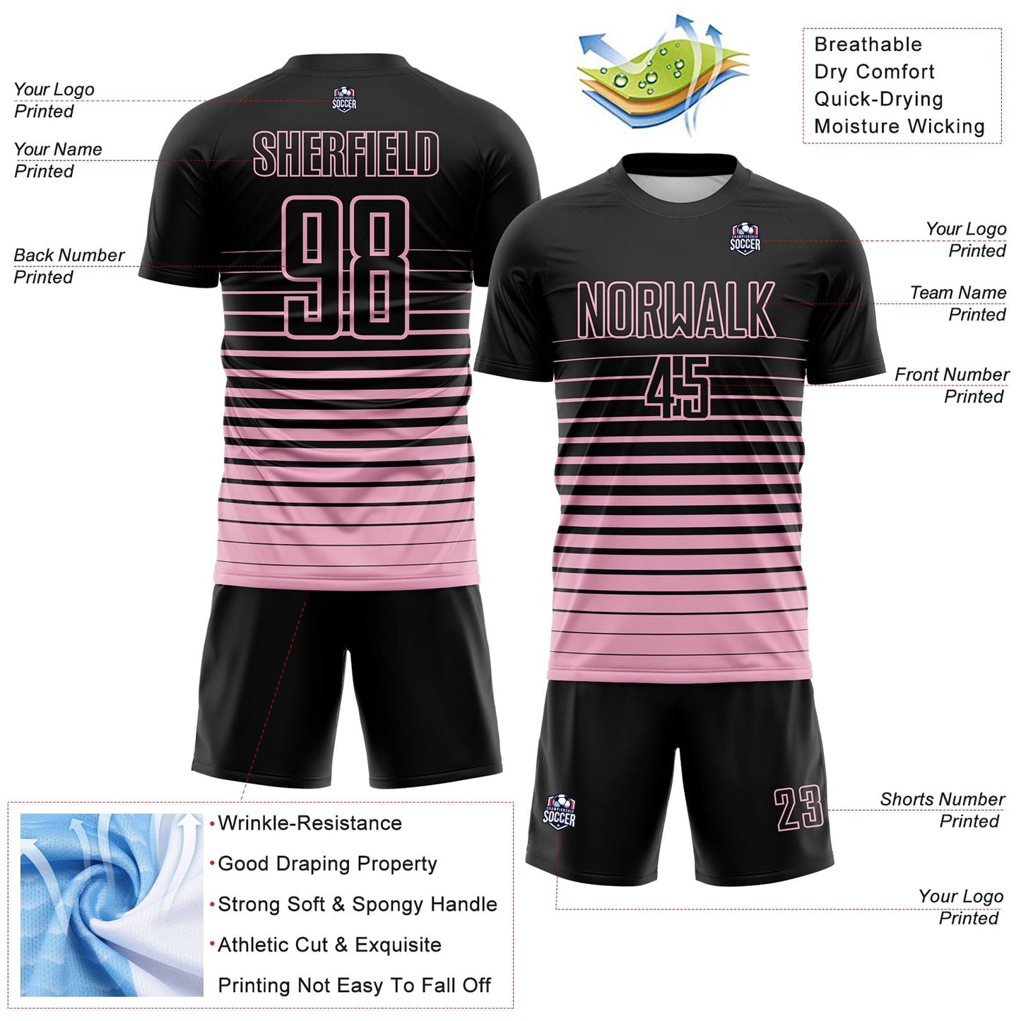 Custom Black Light Pink Gradient Pinstripe Sublimation Soccer Uniform Jersey view 4