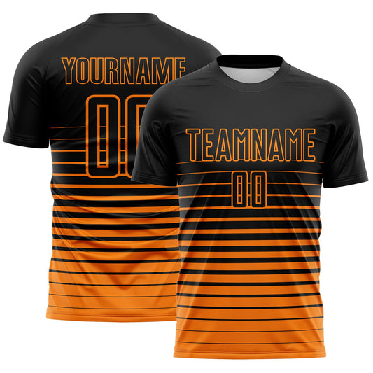 Custom Black Bay Orange Gradient Pinstripe Sublimation Soccer Uniform Jersey - Main View