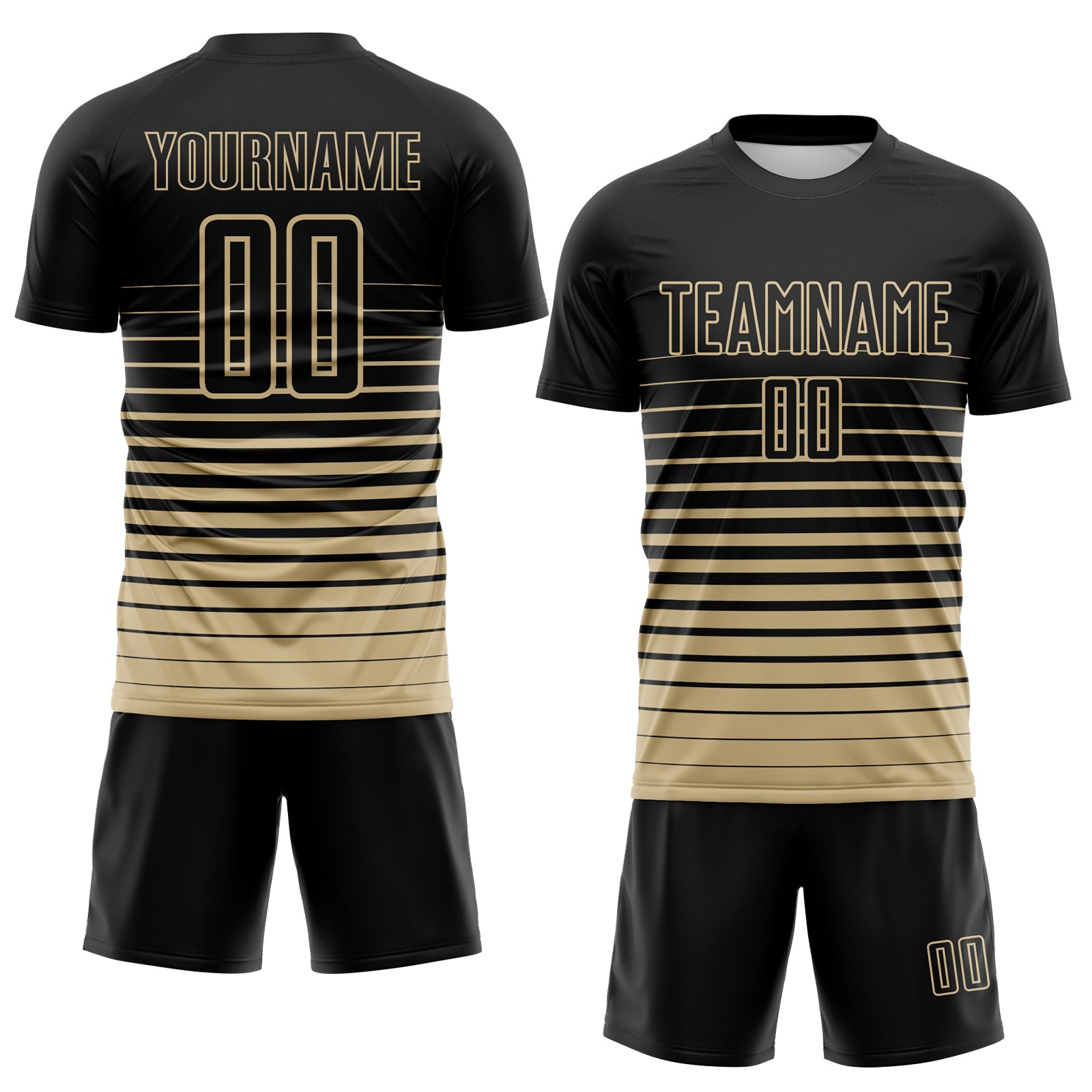 Custom Black Vegas Gold Gradient Pinstripe Sublimation Soccer Uniform Jersey view 2