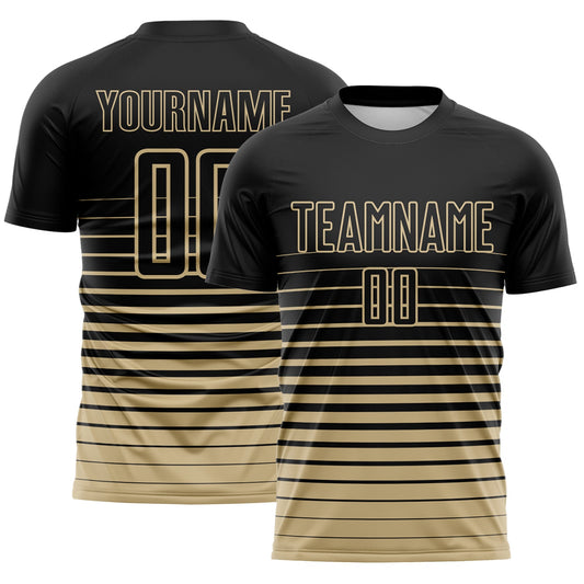 Custom Black Vegas Gold Gradient Pinstripe Sublimation Soccer Uniform Jersey - Main View