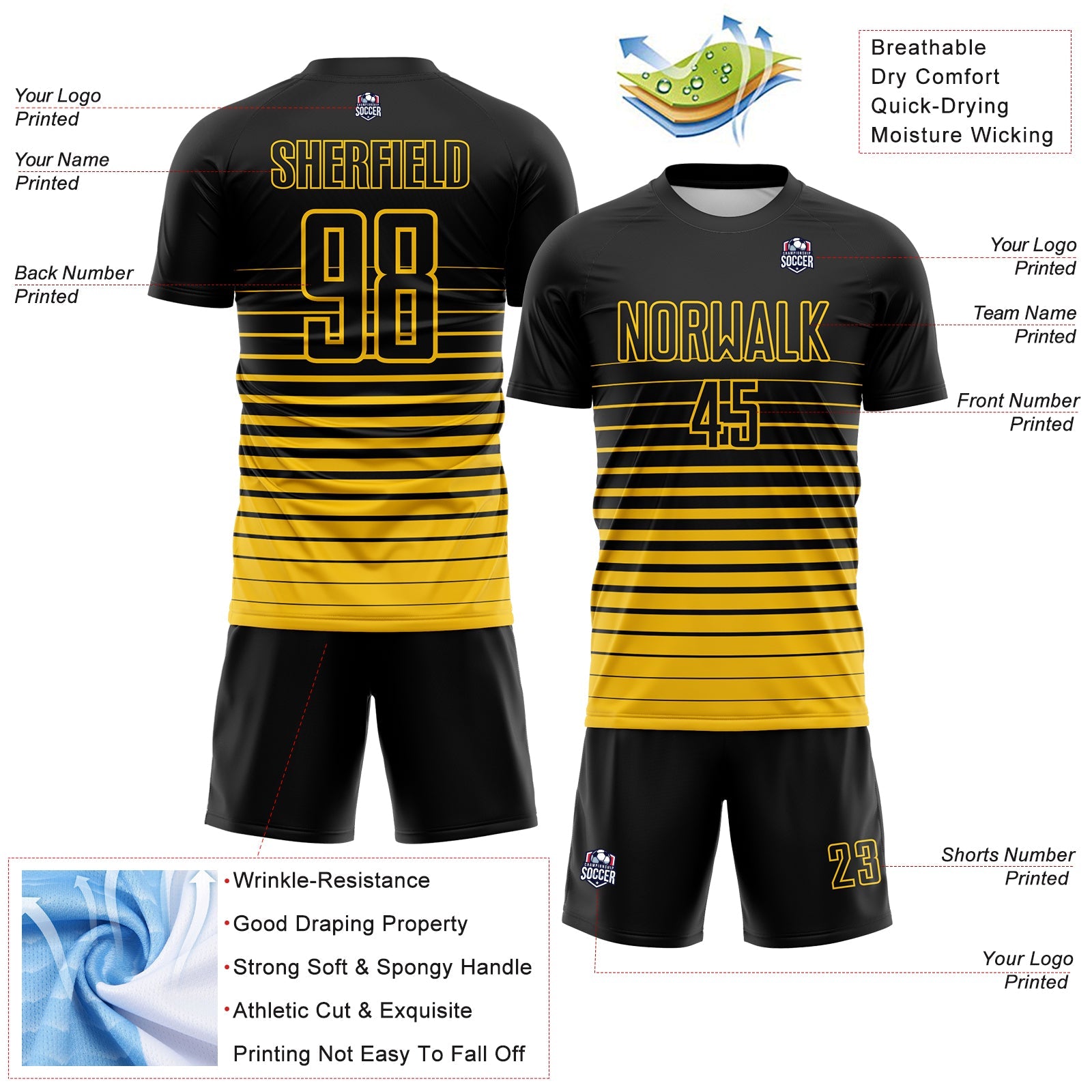 Custom Black Yellow Gradient Pinstripe Sublimation Soccer Uniform Jersey view 4