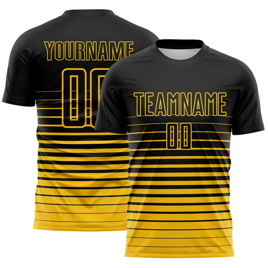 Custom Black Yellow Gradient Pinstripe Sublimation Soccer Uniform Jersey - Main View