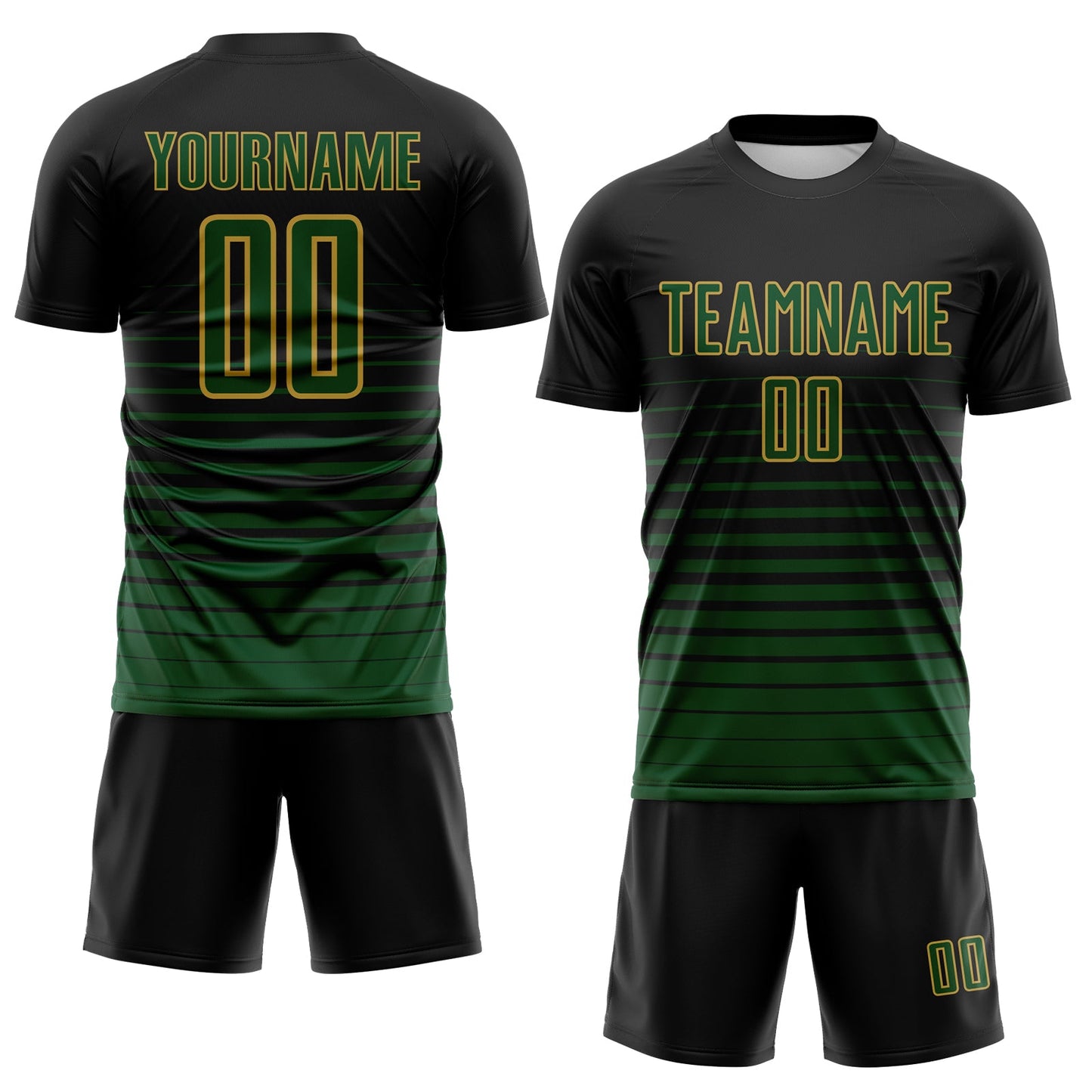 Custom Black Green-Old Gold Gradient Pinstripe Sublimation Soccer Uniform Jersey view 2