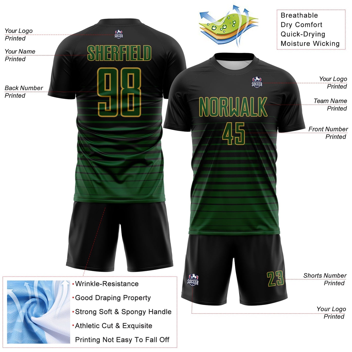 Custom Black Green-Old Gold Gradient Pinstripe Sublimation Soccer Uniform Jersey view 4