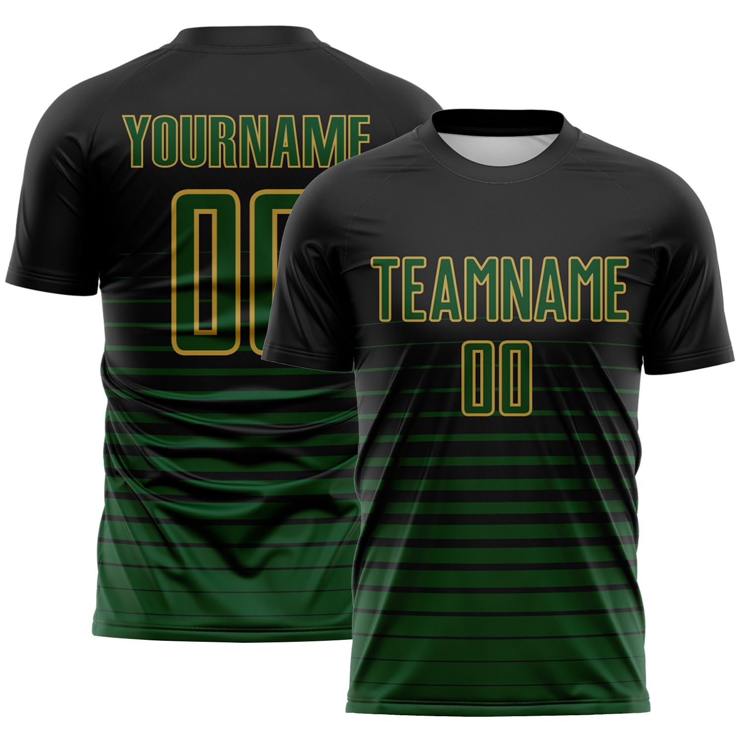 Custom Black Green-Old Gold Gradient Pinstripe Sublimation Soccer Uniform Jersey - Main View