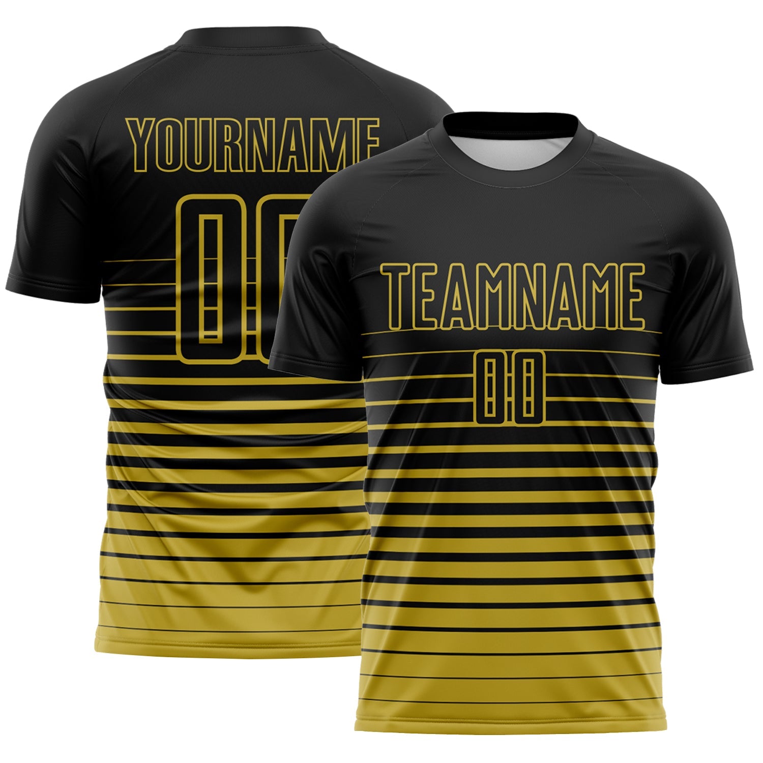 Custom Black Old Gold Gradient Pinstripe Sublimation Soccer Uniform Jersey - Main View