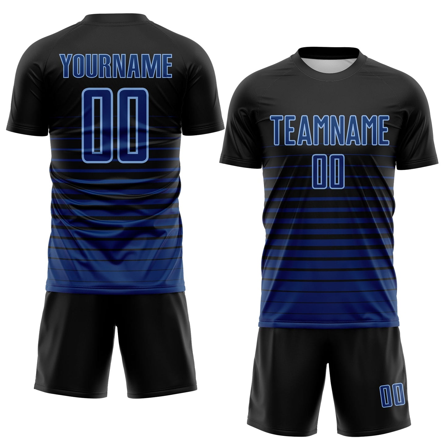 Custom Black US Navy Blue-Light Blue Gradient Pinstripe Sublimation Soccer Uniform Jersey view 2