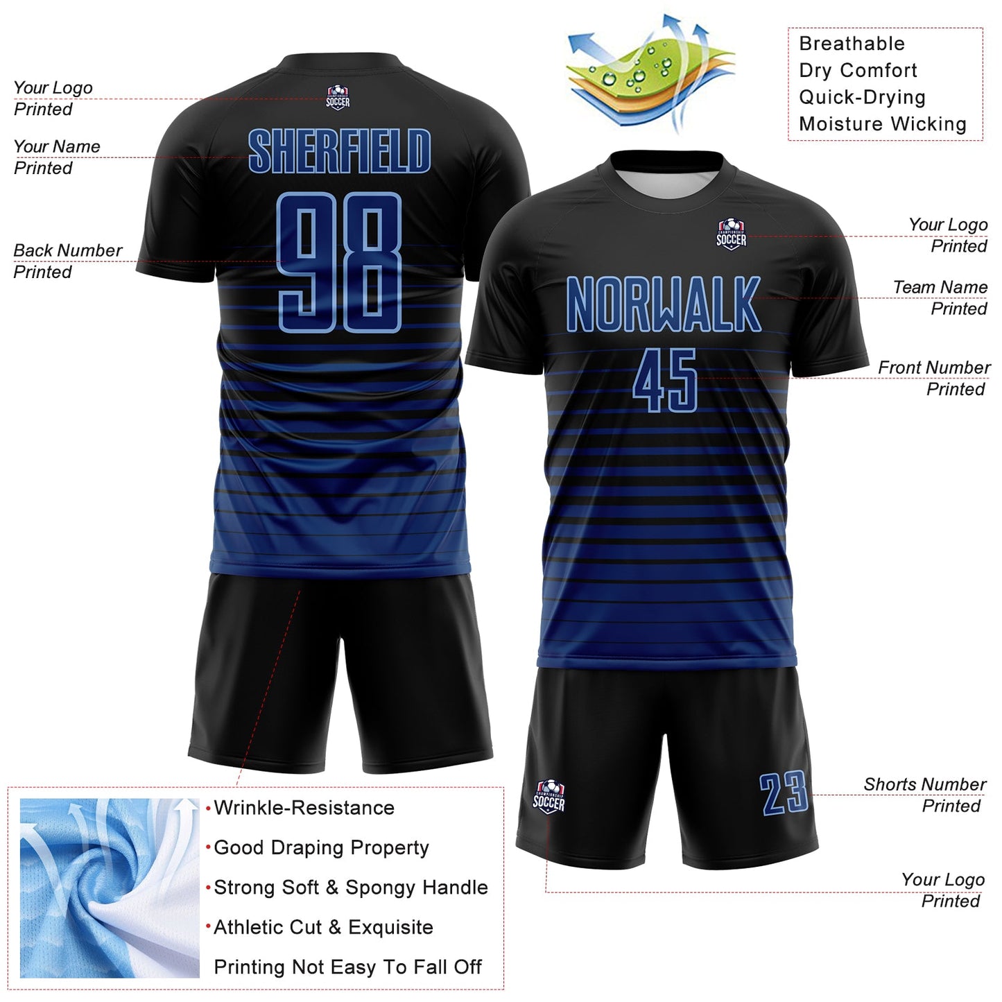 Custom Black US Navy Blue-Light Blue Gradient Pinstripe Sublimation Soccer Uniform Jersey view 4