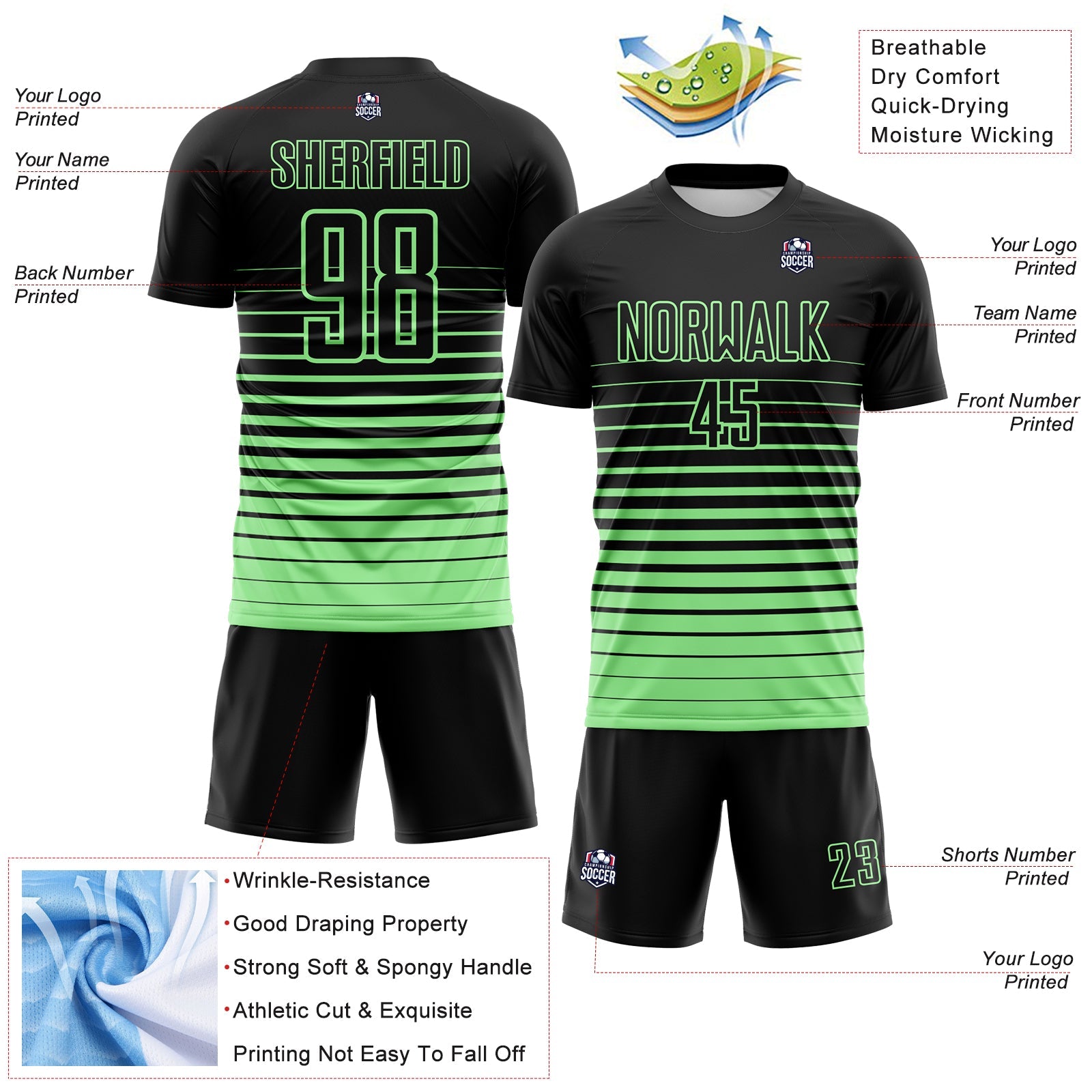 Custom Black Pea Green Gradient Pinstripe Sublimation Soccer Uniform Jersey view 4