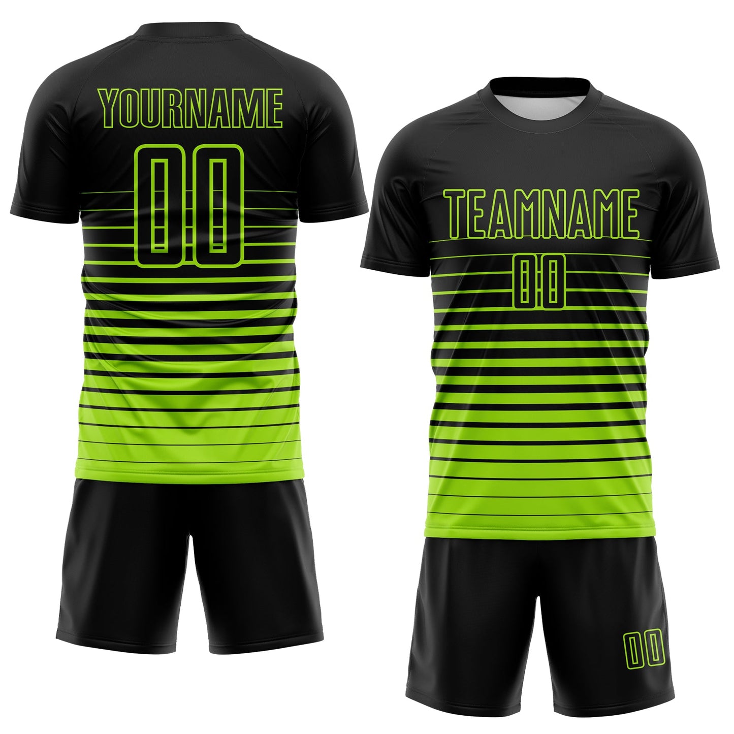 Custom Black Neon Green Gradient Pinstripe Sublimation Soccer Uniform Jersey view 2