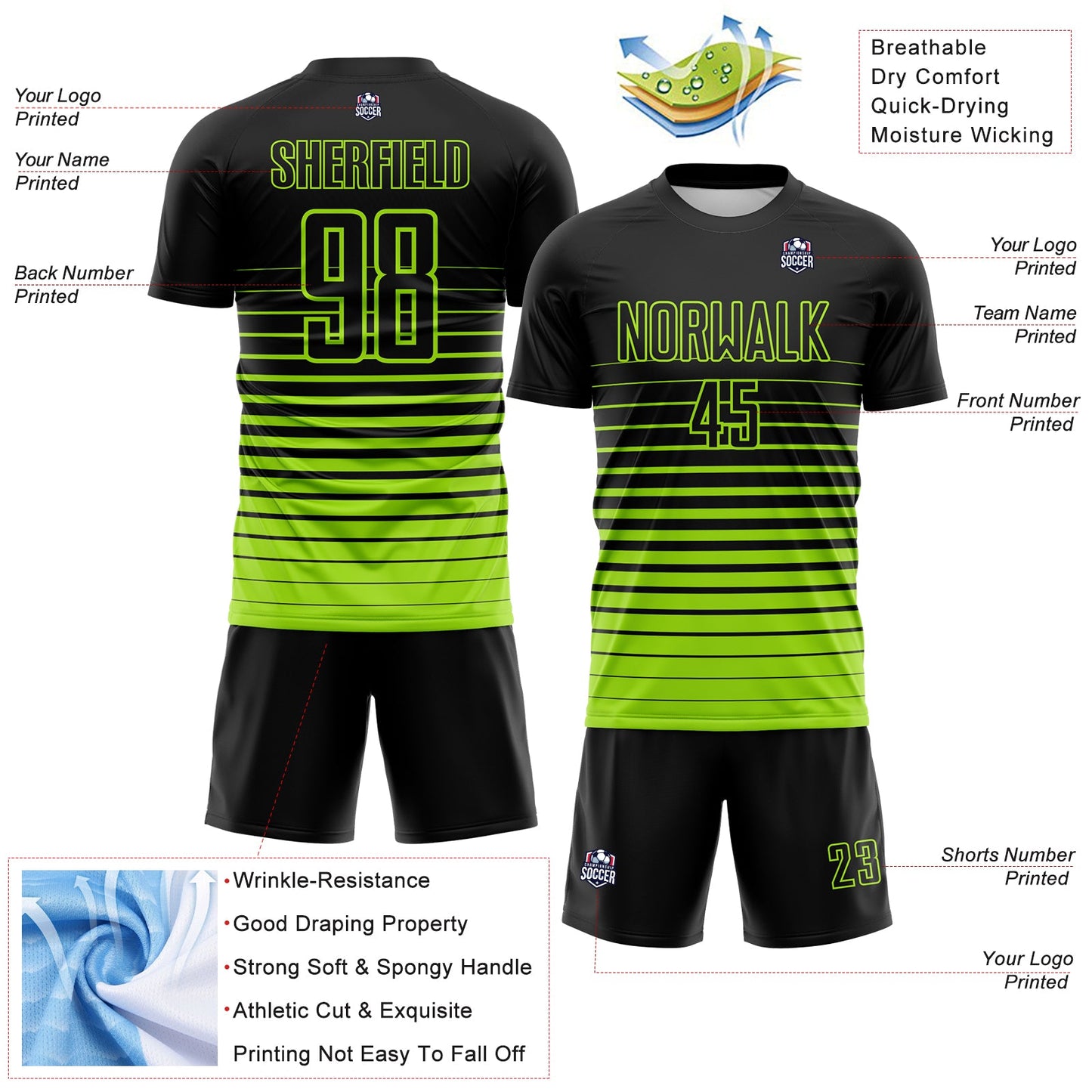 Custom Black Neon Green Gradient Pinstripe Sublimation Soccer Uniform Jersey view 4