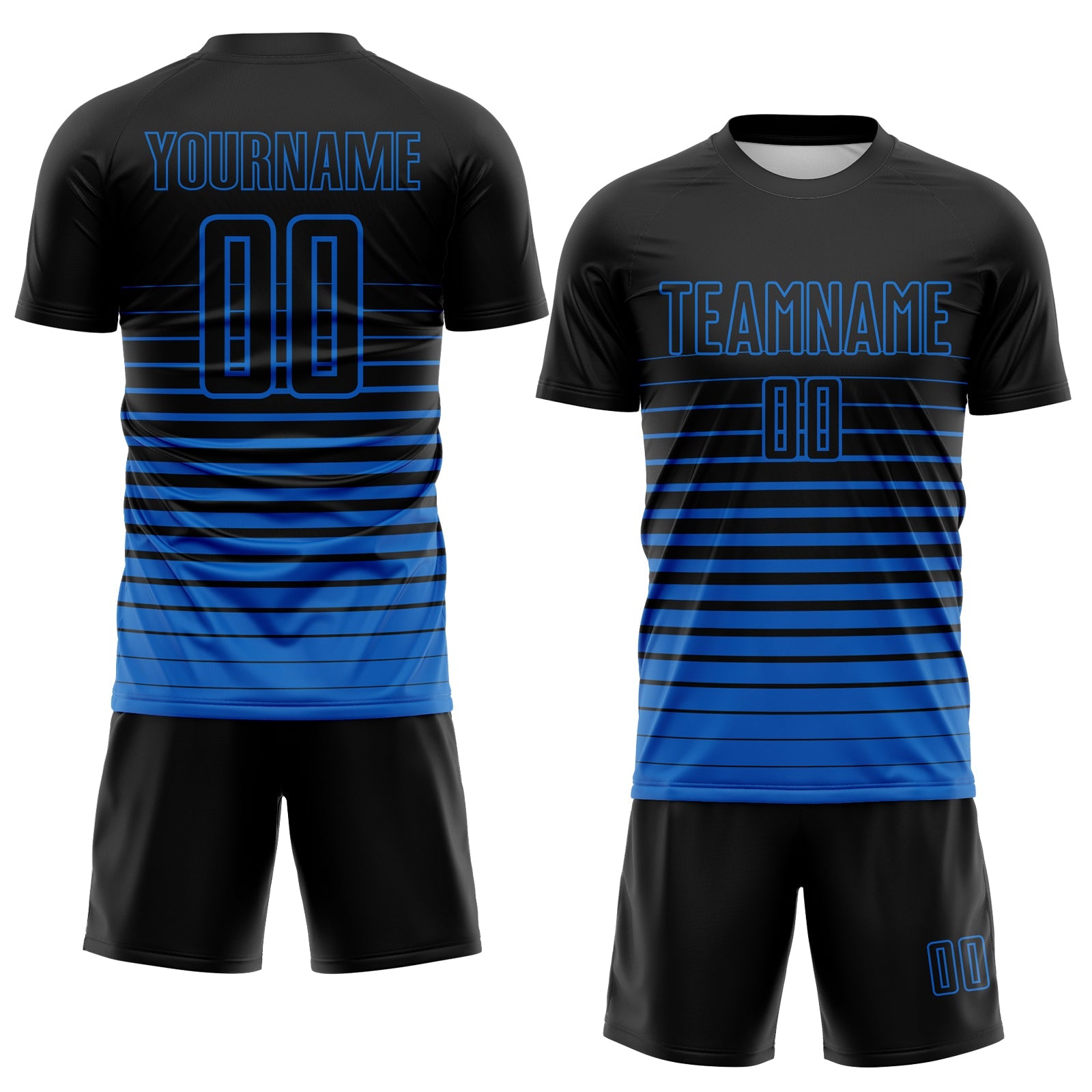 Custom Black Blue Gradient Pinstripe Sublimation Soccer Uniform Jersey view 2