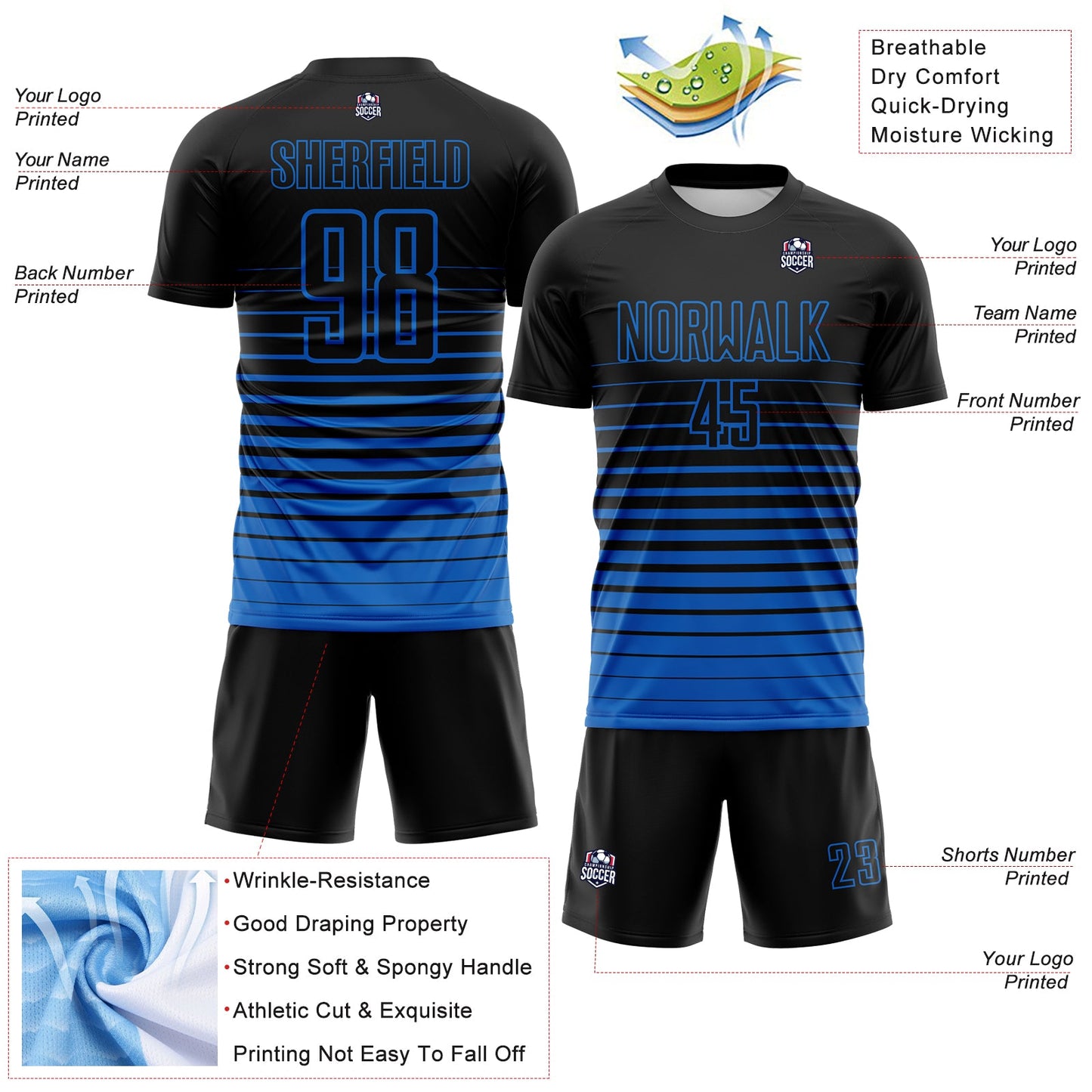 Custom Black Blue Gradient Pinstripe Sublimation Soccer Uniform Jersey view 4