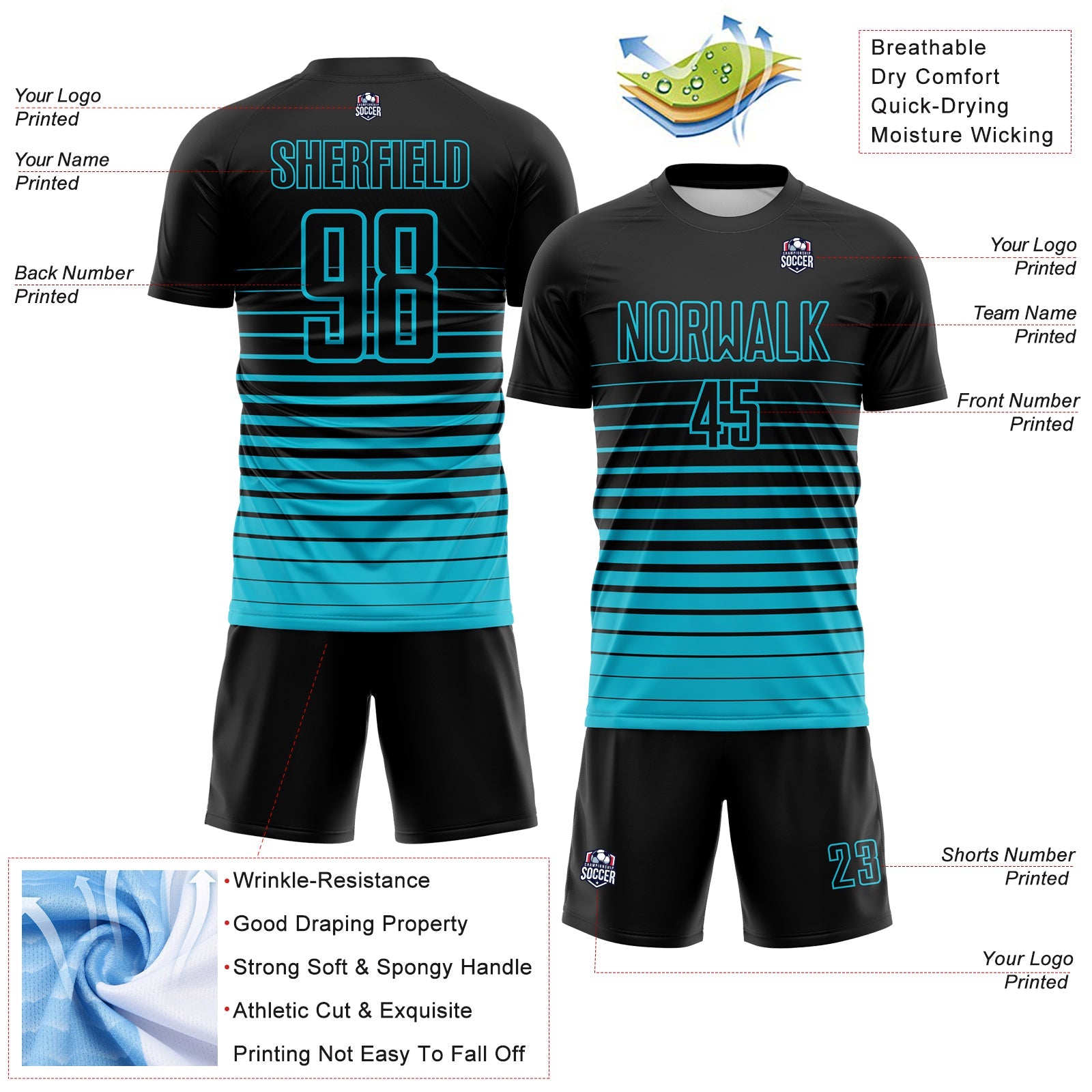 Custom Black Lakes Blue Gradient Pinstripe Sublimation Soccer Uniform Jersey view 4