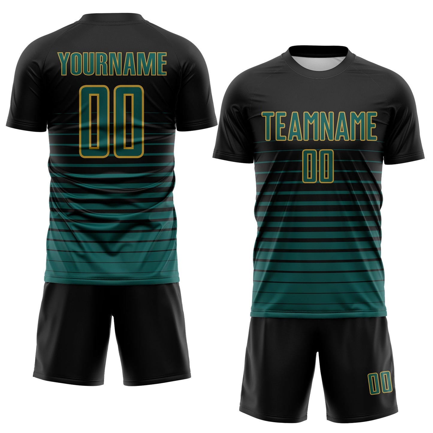 Custom Black Midnight Green-Old Gold Gradient Pinstripe Sublimation Soccer Uniform Jersey view 2