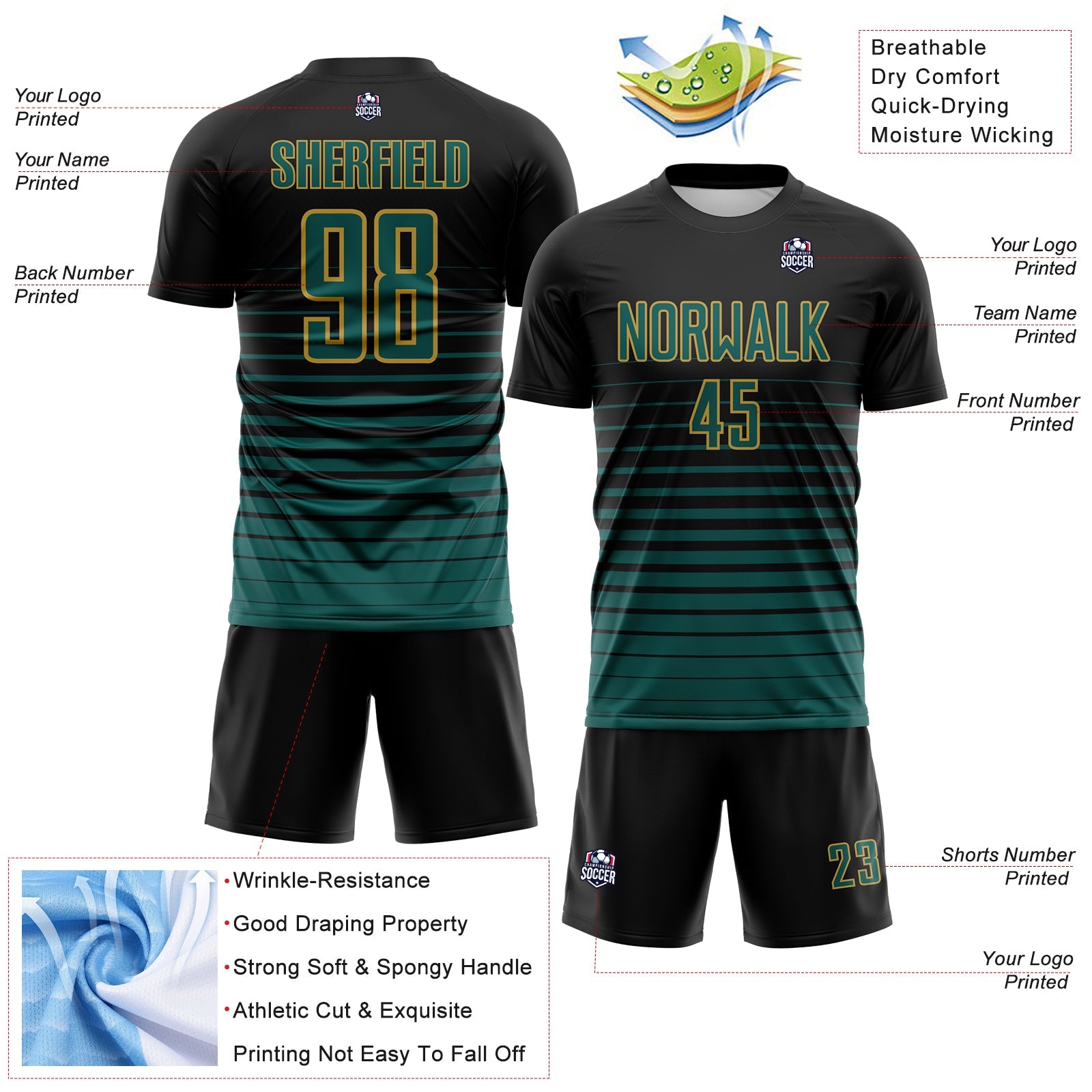 Custom Black Midnight Green-Old Gold Gradient Pinstripe Sublimation Soccer Uniform Jersey view 4